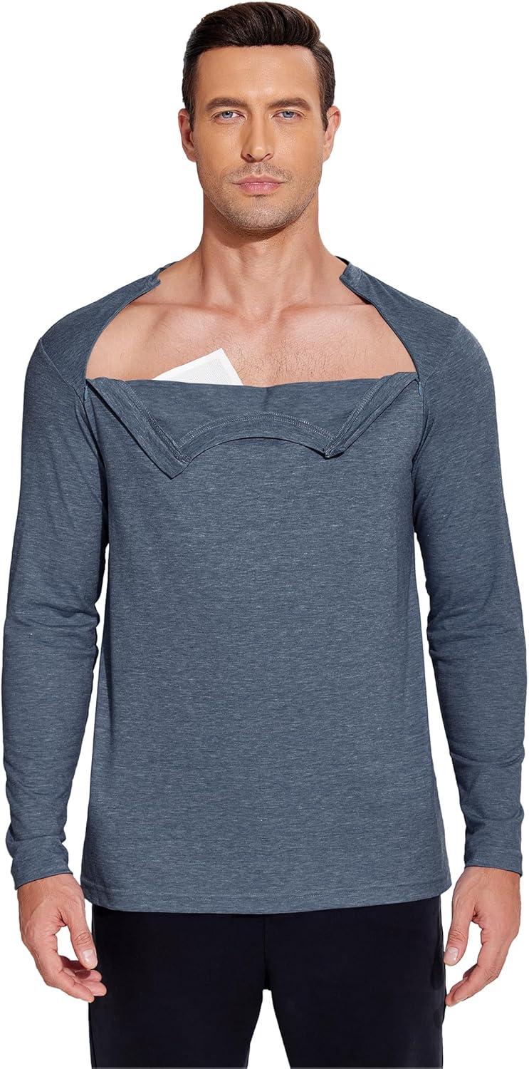 imageDeyeek Unisex Chemo Shirts for Port Access Chemotherapy Must Haves Long Sleeve Cancer Care Package for MenNavy Blue