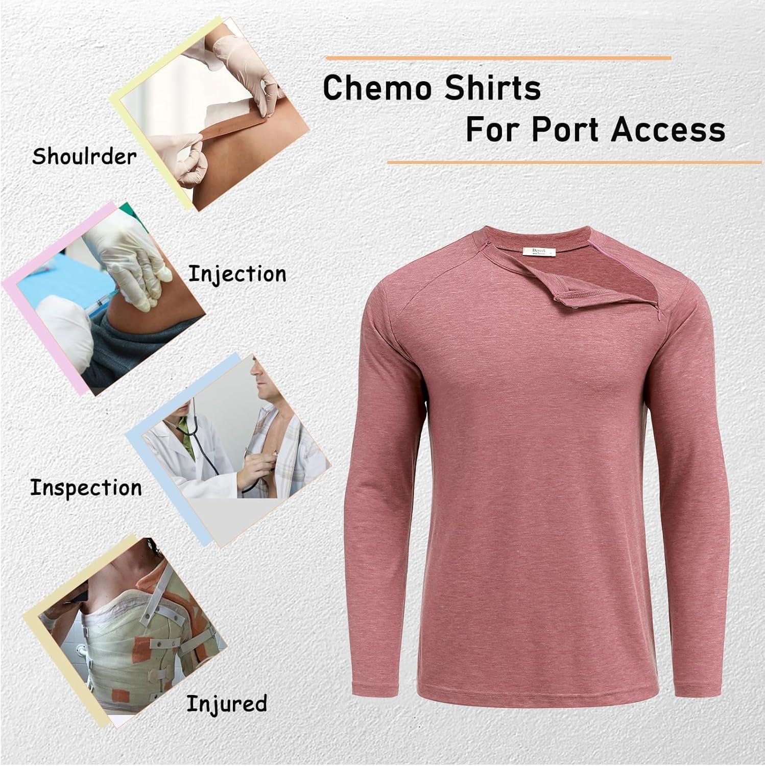 imageDeyeek Unisex Chemo Shirts for Port Access Chemotherapy Must Haves Long Sleeve Cancer Care Package for MenRed