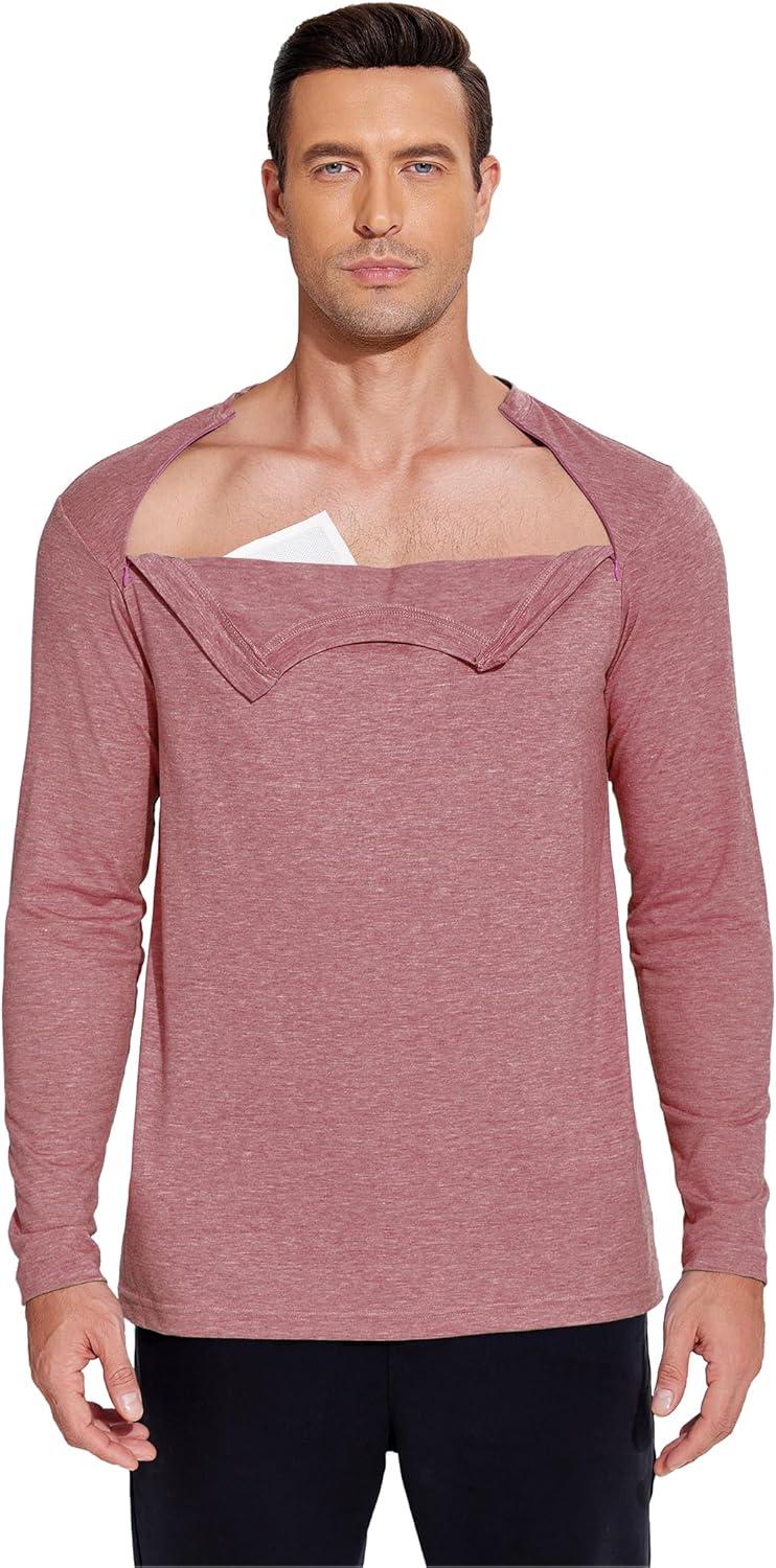 imageDeyeek Unisex Chemo Shirts for Port Access Chemotherapy Must Haves Long Sleeve Cancer Care Package for MenRed