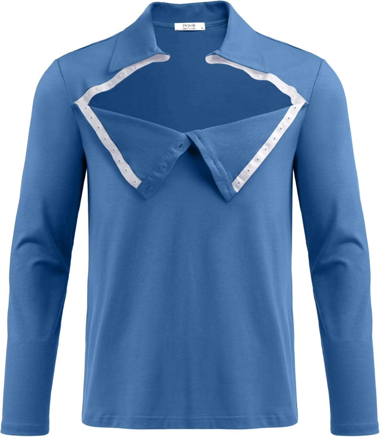 imageDeyeek Unisex Chemo Shirts for Port Access Post Shoulder Surgery Recovery Shirt Long Sleeve Tear Away Adaptive Chemo ClothingBlue
