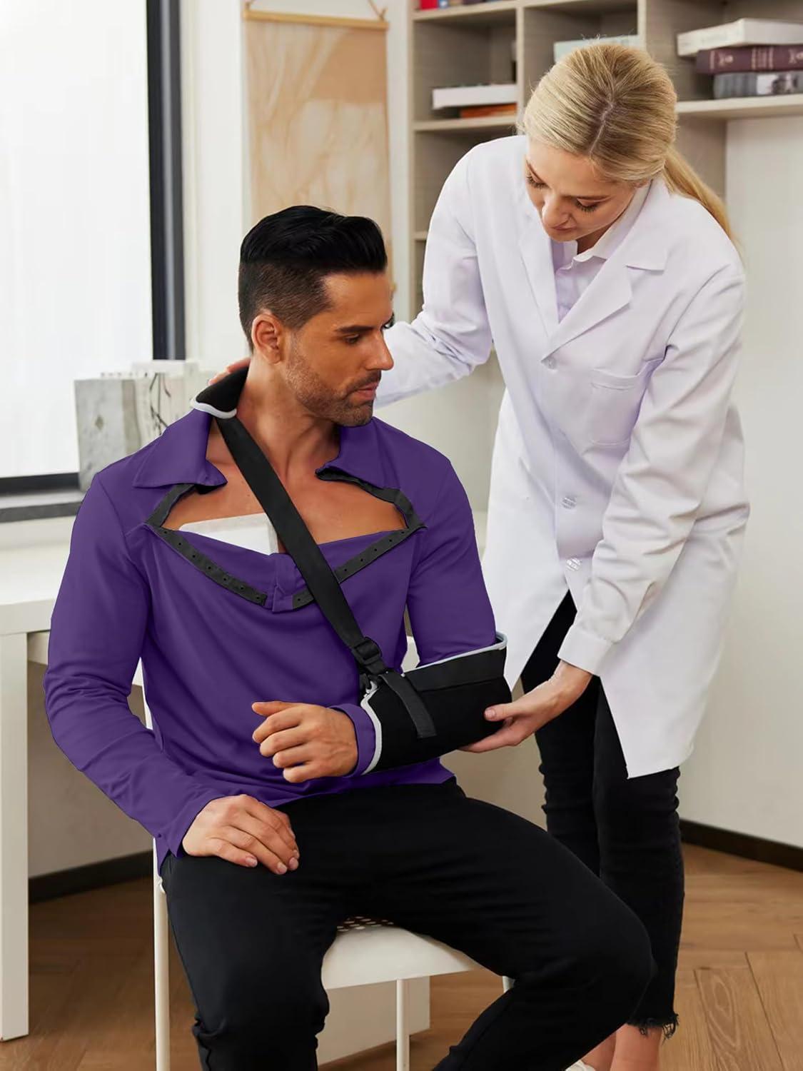 imageDeyeek Unisex Chemo Shirts for Port Access Post Shoulder Surgery Recovery Shirt Long Sleeve Tear Away Adaptive Chemo ClothingDark Purple