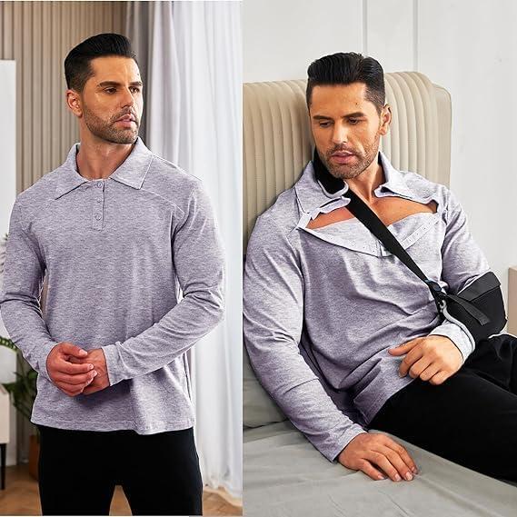imageDeyeek Unisex Chemo Shirts for Port Access Post Shoulder Surgery Recovery Shirt Long Sleeve Tear Away Adaptive Chemo ClothingLight Gray