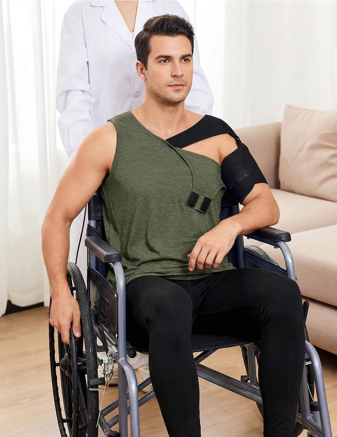 imageDeyeek Unisex Post Surgery Shirts Shoulder Mastectomy Recovery Tank Tops with Drain Pockets Adaptive Rotator Cuff Magic TapeArmy Green