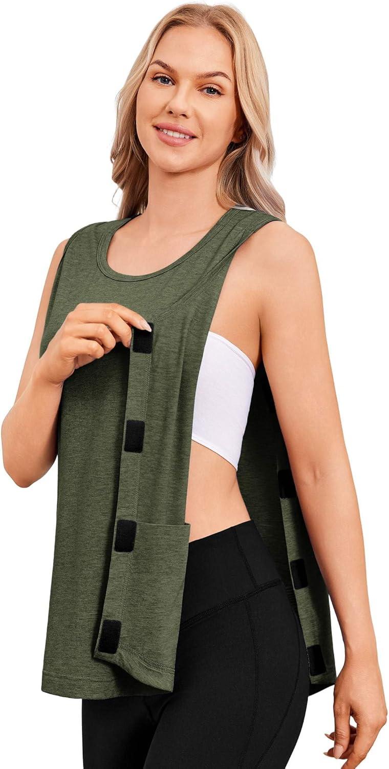 imageDeyeek Unisex Post Surgery Shirts Shoulder Mastectomy Recovery Tank Tops with Drain Pockets Adaptive Rotator Cuff Magic TapeArmy Green
