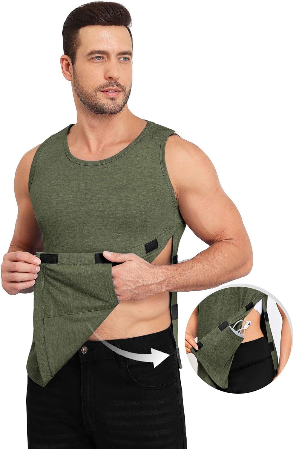 imageDeyeek Unisex Post Surgery Shirts Shoulder Mastectomy Recovery Tank Tops with Drain Pockets Adaptive Rotator Cuff Magic TapeArmy Green