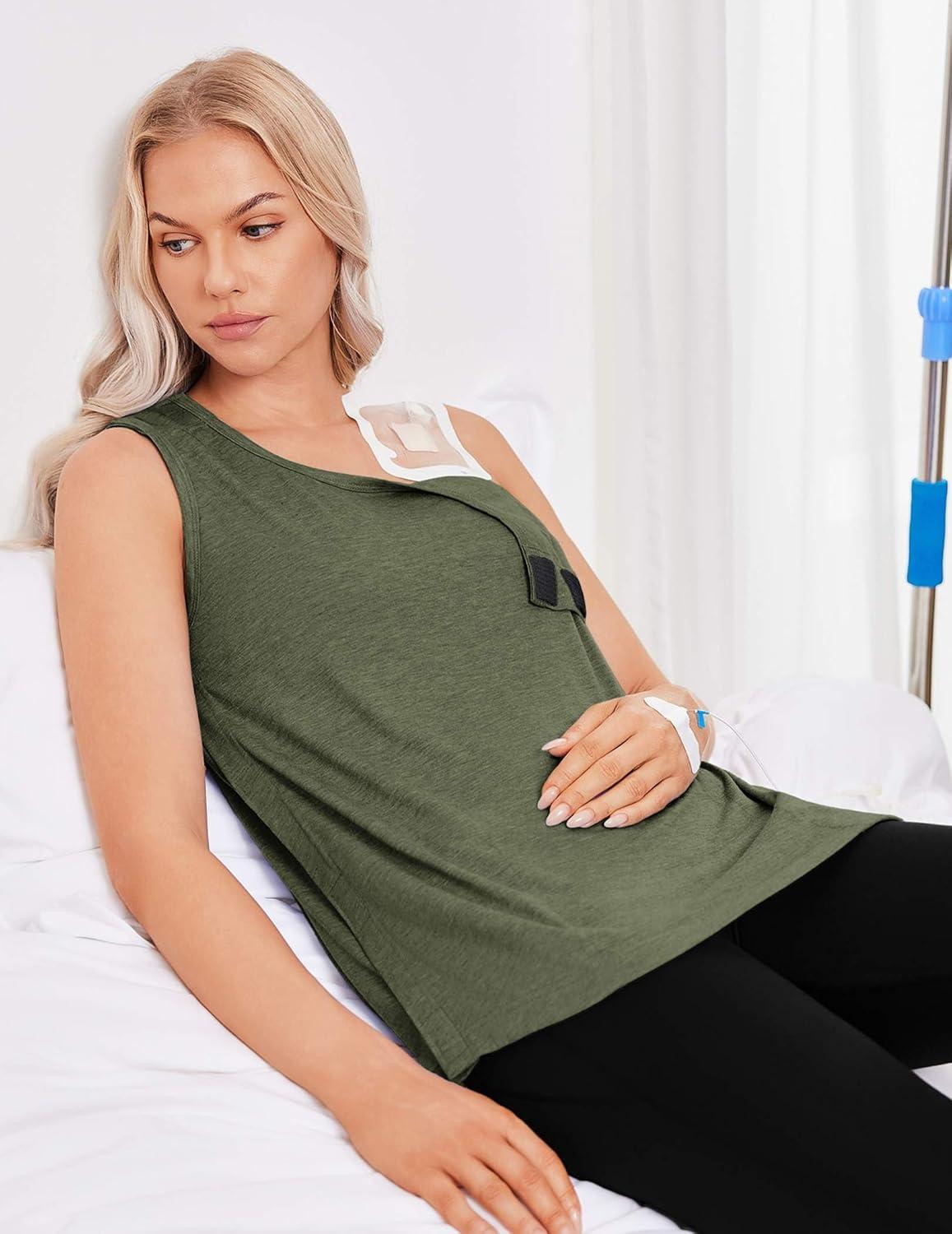 imageDeyeek Unisex Post Surgery Shirts Shoulder Mastectomy Recovery Tank Tops with Drain Pockets Adaptive Rotator Cuff Magic TapeArmy Green