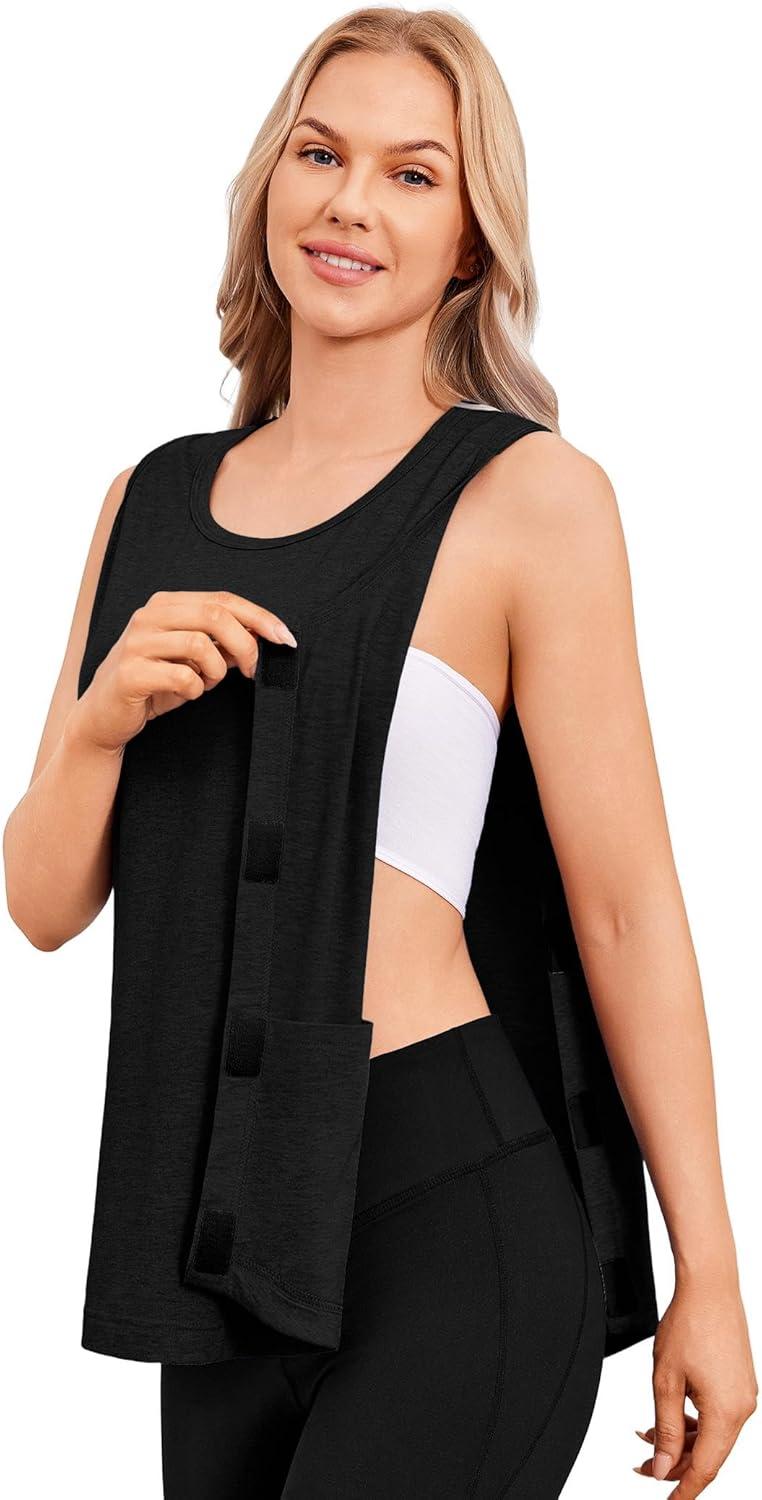 imageDeyeek Unisex Post Surgery Shirts Shoulder Mastectomy Recovery Tank Tops with Drain Pockets Adaptive Rotator Cuff Magic TapeBlack