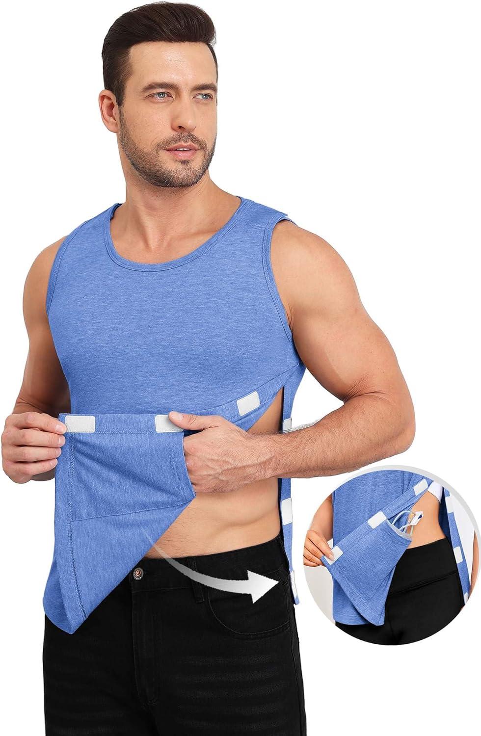 imageDeyeek Unisex Post Surgery Shirts Shoulder Mastectomy Recovery Tank Tops with Drain Pockets Adaptive Rotator Cuff Magic TapeBlue