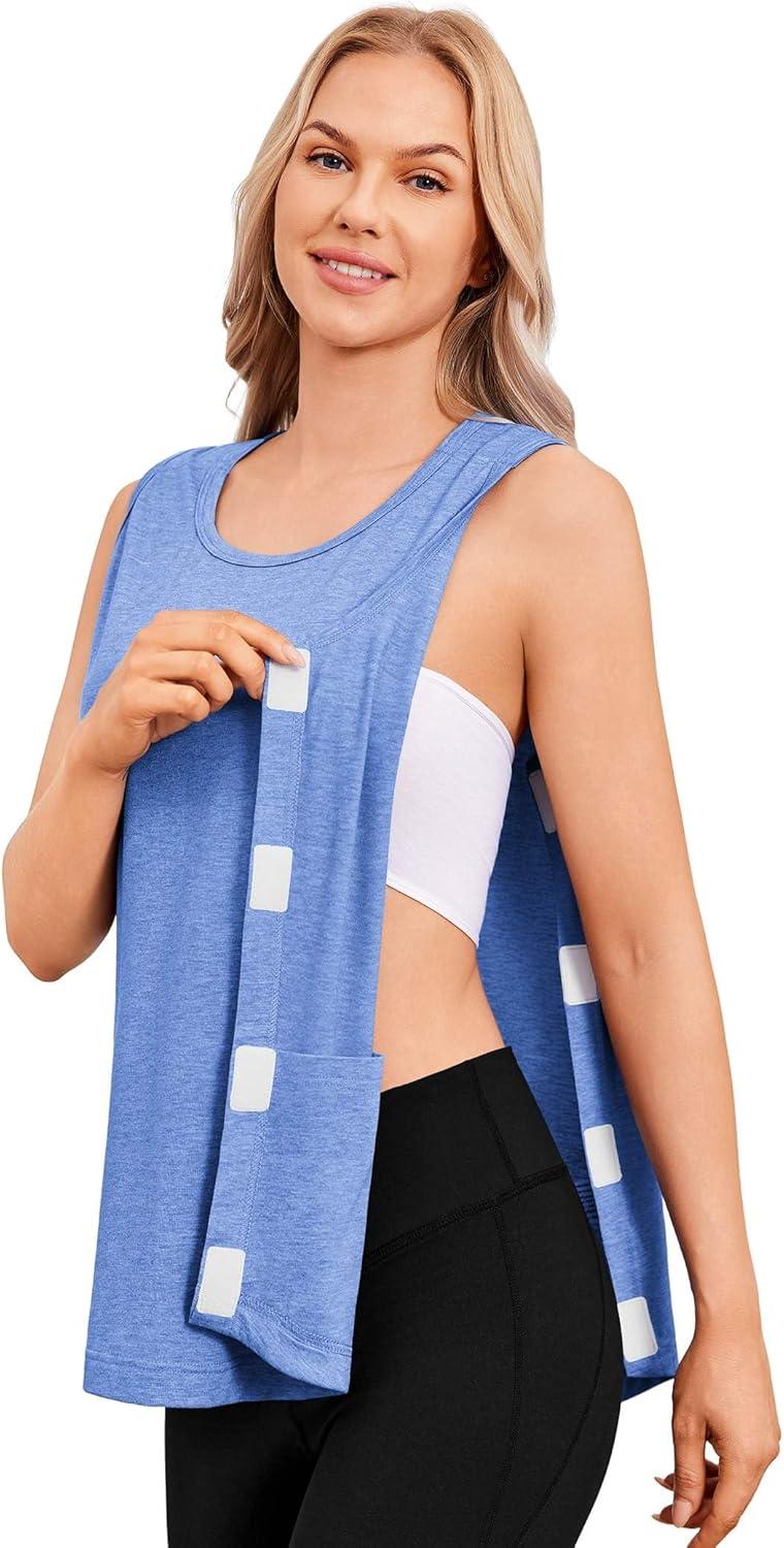 imageDeyeek Unisex Post Surgery Shirts Shoulder Mastectomy Recovery Tank Tops with Drain Pockets Adaptive Rotator Cuff Magic TapeBlue