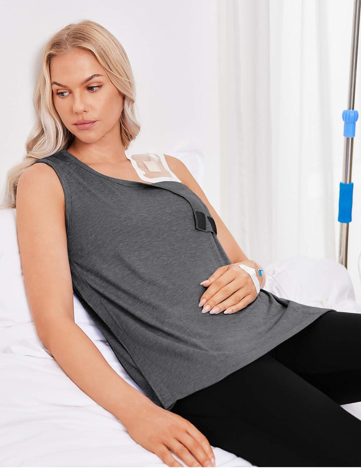 imageDeyeek Unisex Post Surgery Shirts Shoulder Mastectomy Recovery Tank Tops with Drain Pockets Adaptive Rotator Cuff Magic TapeDark Grey