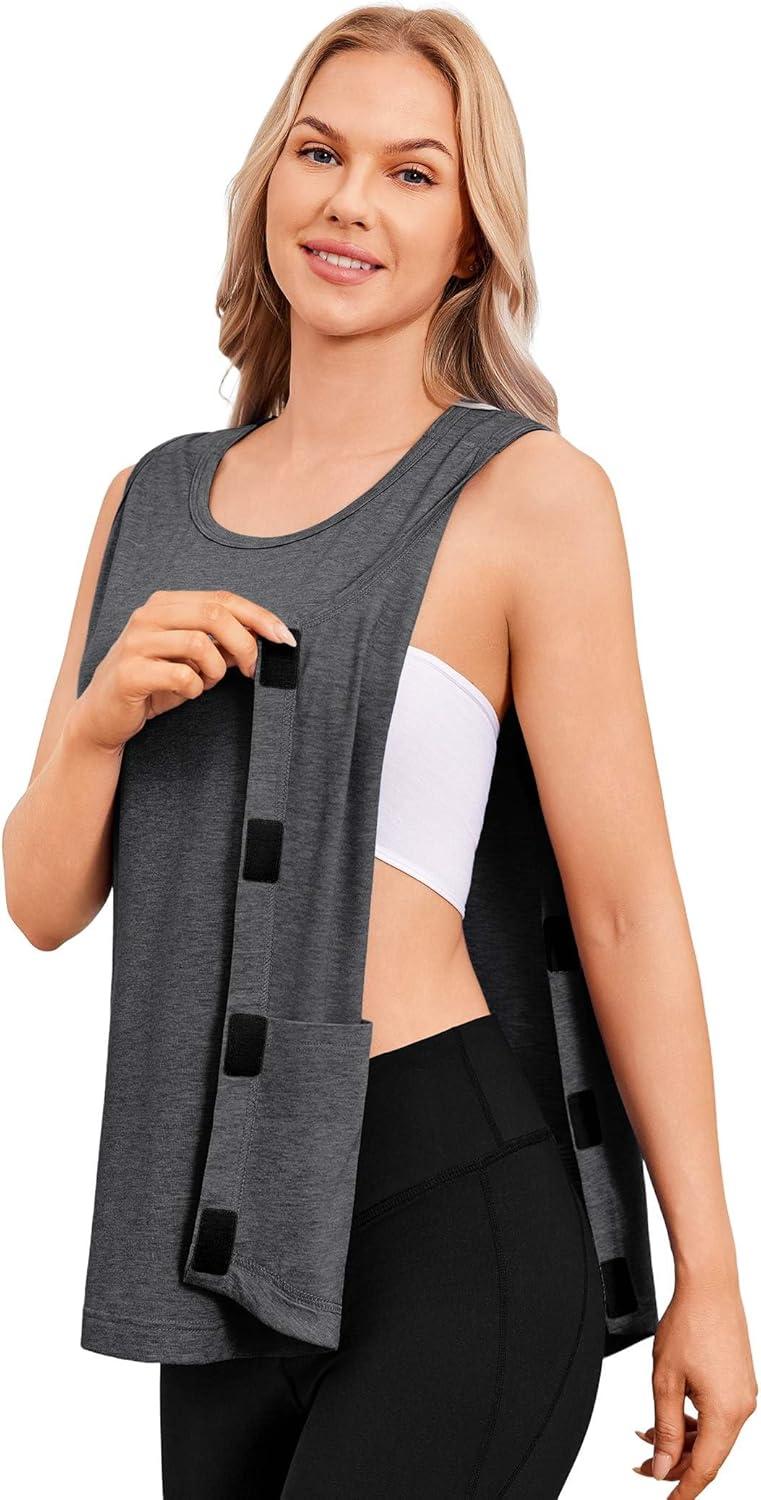 imageDeyeek Unisex Post Surgery Shirts Shoulder Mastectomy Recovery Tank Tops with Drain Pockets Adaptive Rotator Cuff Magic TapeDark Grey