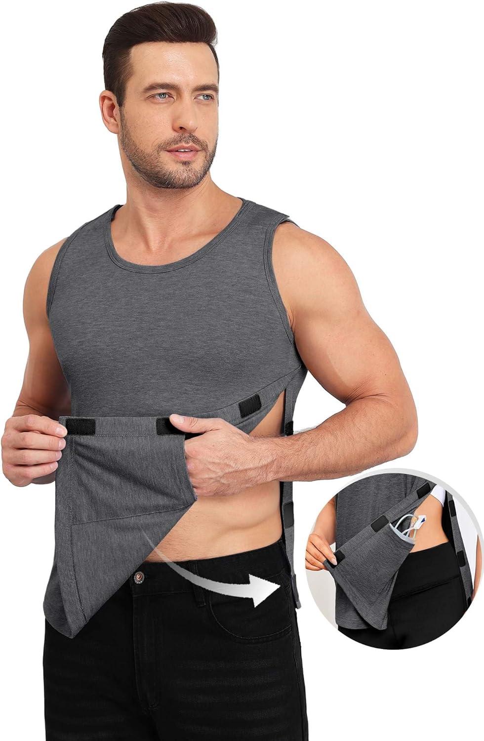 imageDeyeek Unisex Post Surgery Shirts Shoulder Mastectomy Recovery Tank Tops with Drain Pockets Adaptive Rotator Cuff Magic TapeDark Grey