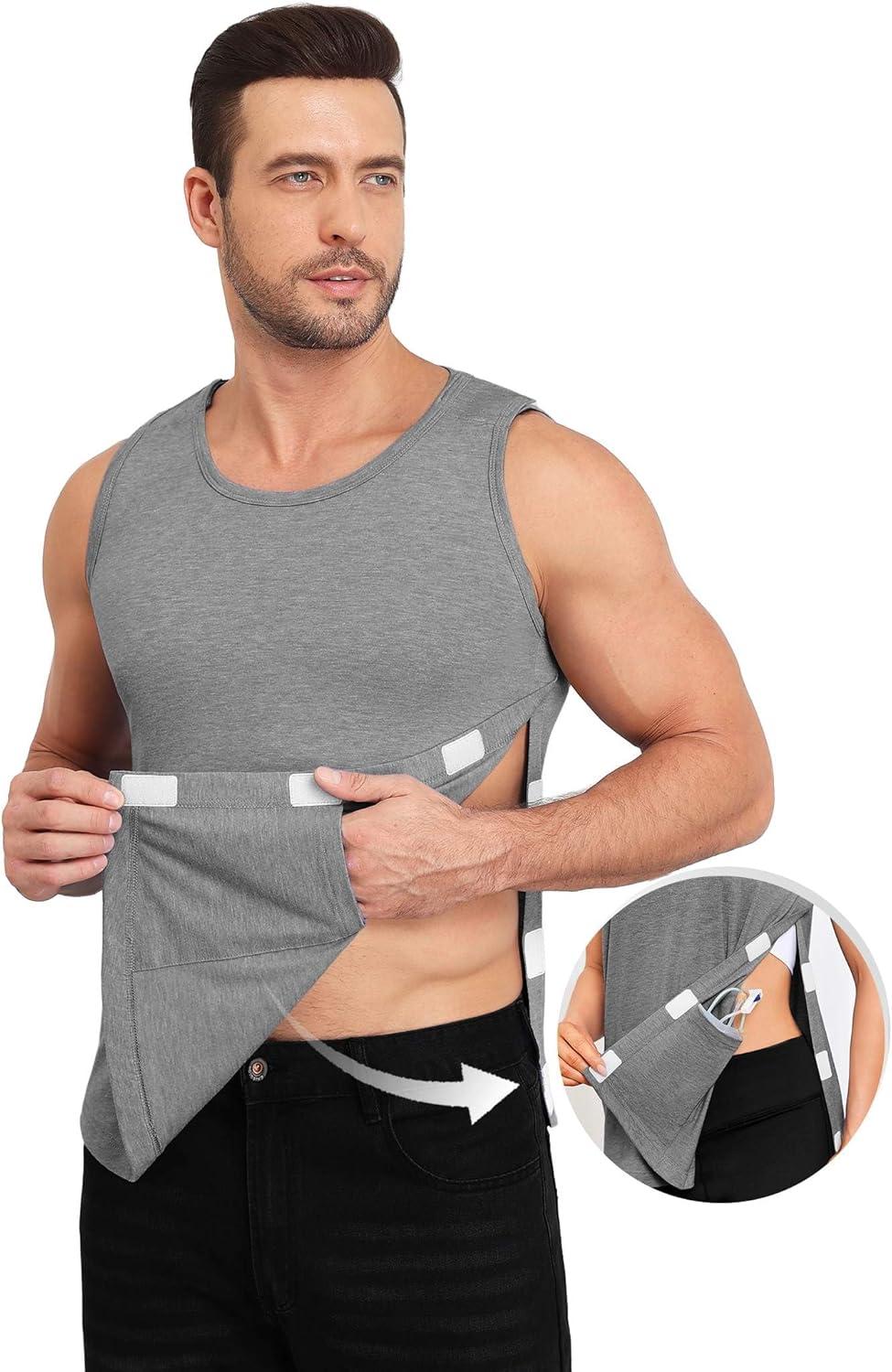 imageDeyeek Unisex Post Surgery Shirts Shoulder Mastectomy Recovery Tank Tops with Drain Pockets Adaptive Rotator Cuff Magic TapeLight Grey