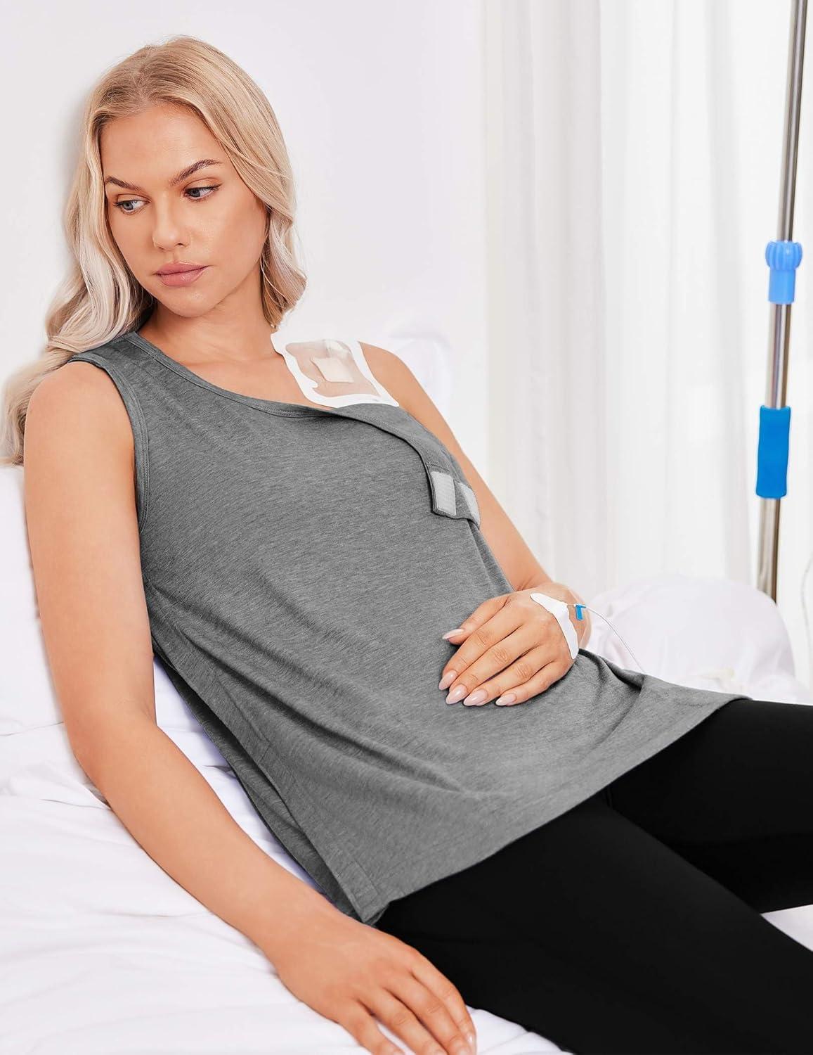 imageDeyeek Unisex Post Surgery Shirts Shoulder Mastectomy Recovery Tank Tops with Drain Pockets Adaptive Rotator Cuff Magic TapeLight Grey
