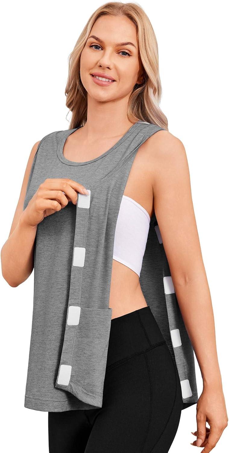 imageDeyeek Unisex Post Surgery Shirts Shoulder Mastectomy Recovery Tank Tops with Drain Pockets Adaptive Rotator Cuff Magic TapeLight Grey