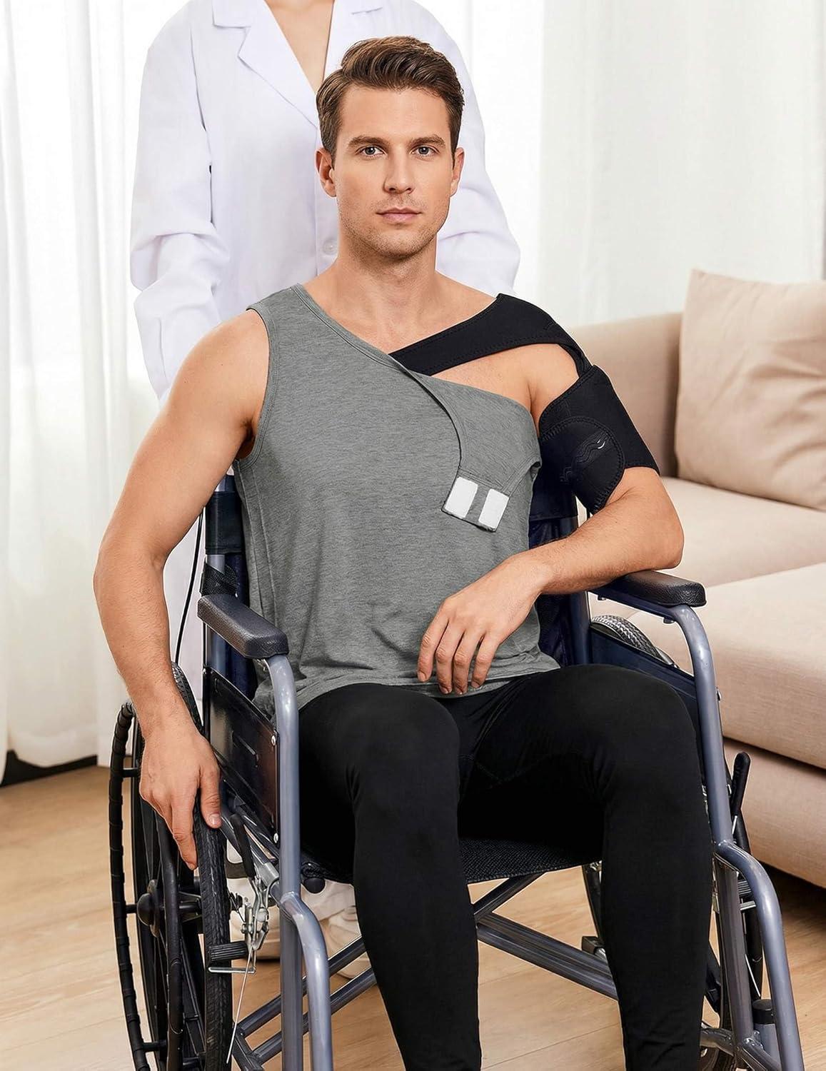 imageDeyeek Unisex Post Surgery Shirts Shoulder Mastectomy Recovery Tank Tops with Drain Pockets Adaptive Rotator Cuff Magic TapeLight Grey