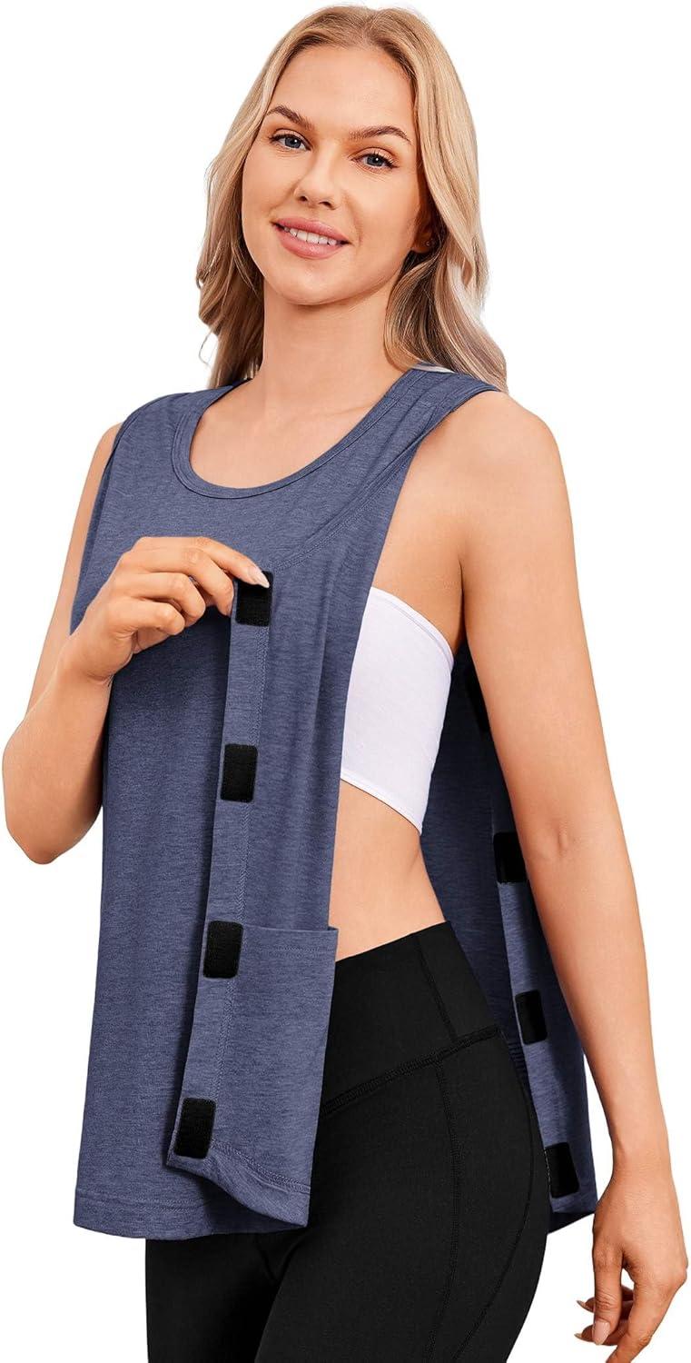 imageDeyeek Unisex Post Surgery Shirts Shoulder Mastectomy Recovery Tank Tops with Drain Pockets Adaptive Rotator Cuff Magic TapeNavy Blue