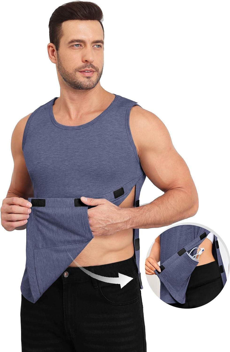 imageDeyeek Unisex Post Surgery Shirts Shoulder Mastectomy Recovery Tank Tops with Drain Pockets Adaptive Rotator Cuff Magic TapeNavy Blue