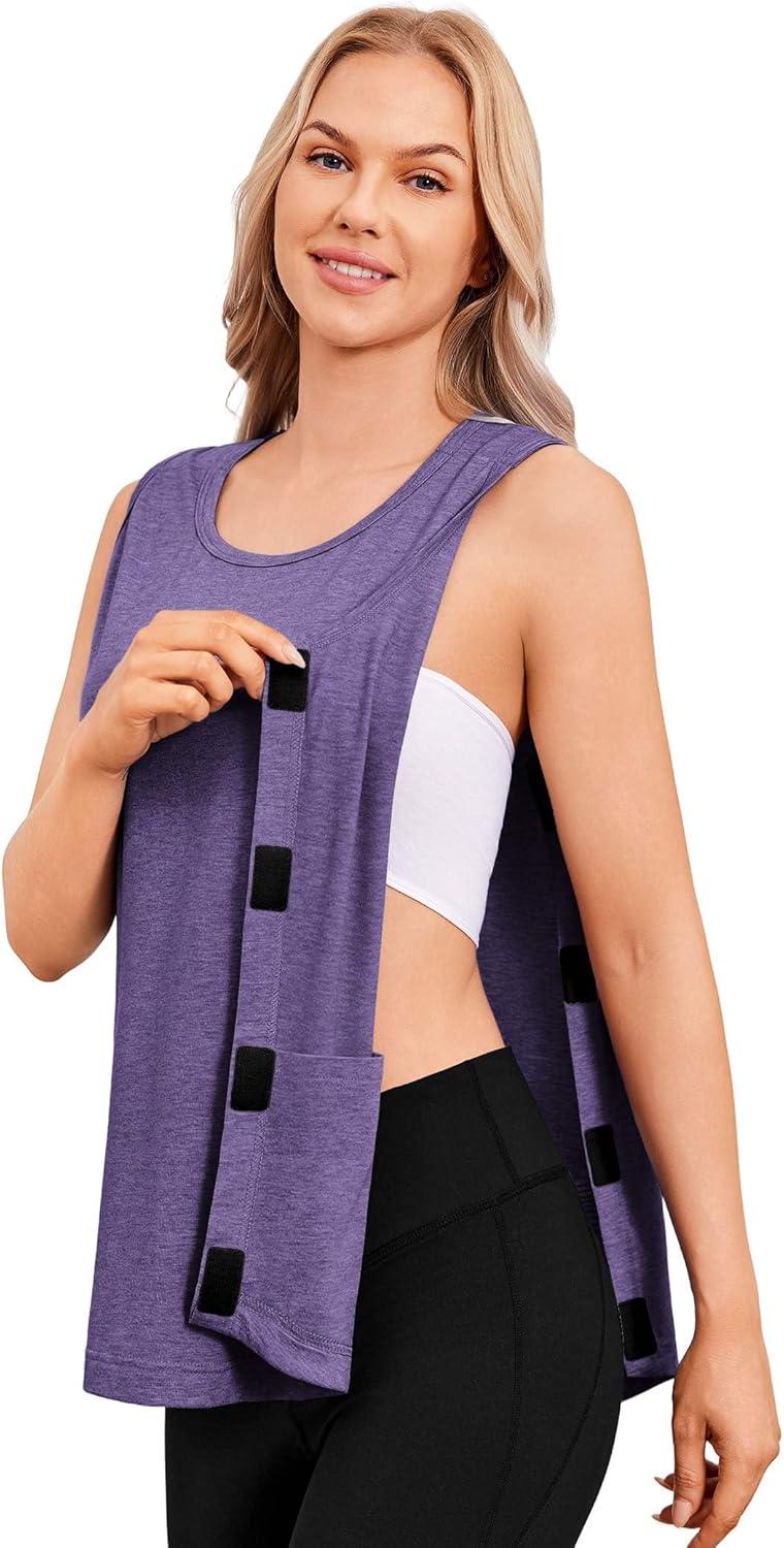 imageDeyeek Unisex Post Surgery Shirts Shoulder Mastectomy Recovery Tank Tops with Drain Pockets Adaptive Rotator Cuff Magic TapePurple
