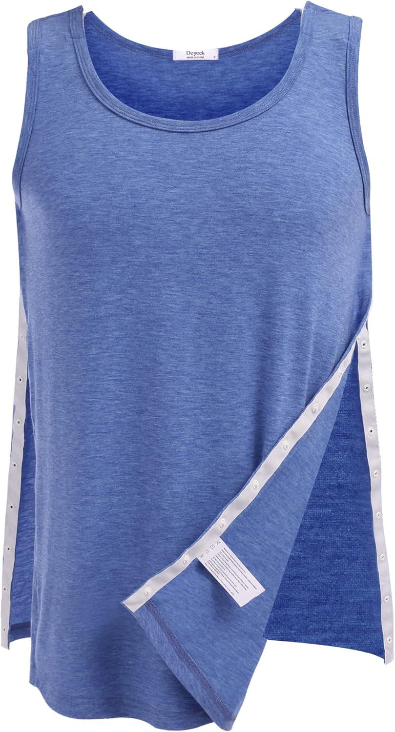 imageDeyeek Unisex Shoulder SnapAccess Tank Tops Post Surgery Shirts Tear Away Chemo Shirt Clothes After Rotator Cuff SurgeryBlue