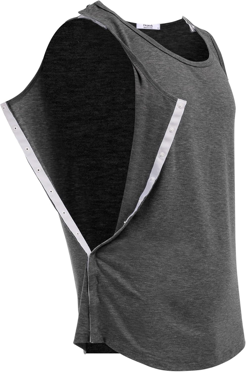 imageDeyeek Unisex Shoulder SnapAccess Tank Tops Post Surgery Shirts Tear Away Chemo Shirt Clothes After Rotator Cuff SurgeryDark Grey