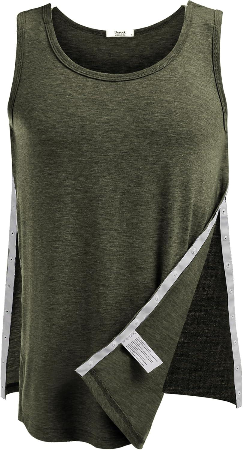 imageDeyeek Unisex Shoulder SnapAccess Tank Tops Post Surgery Shirts Tear Away Chemo Shirt Clothes After Rotator Cuff SurgeryGreen