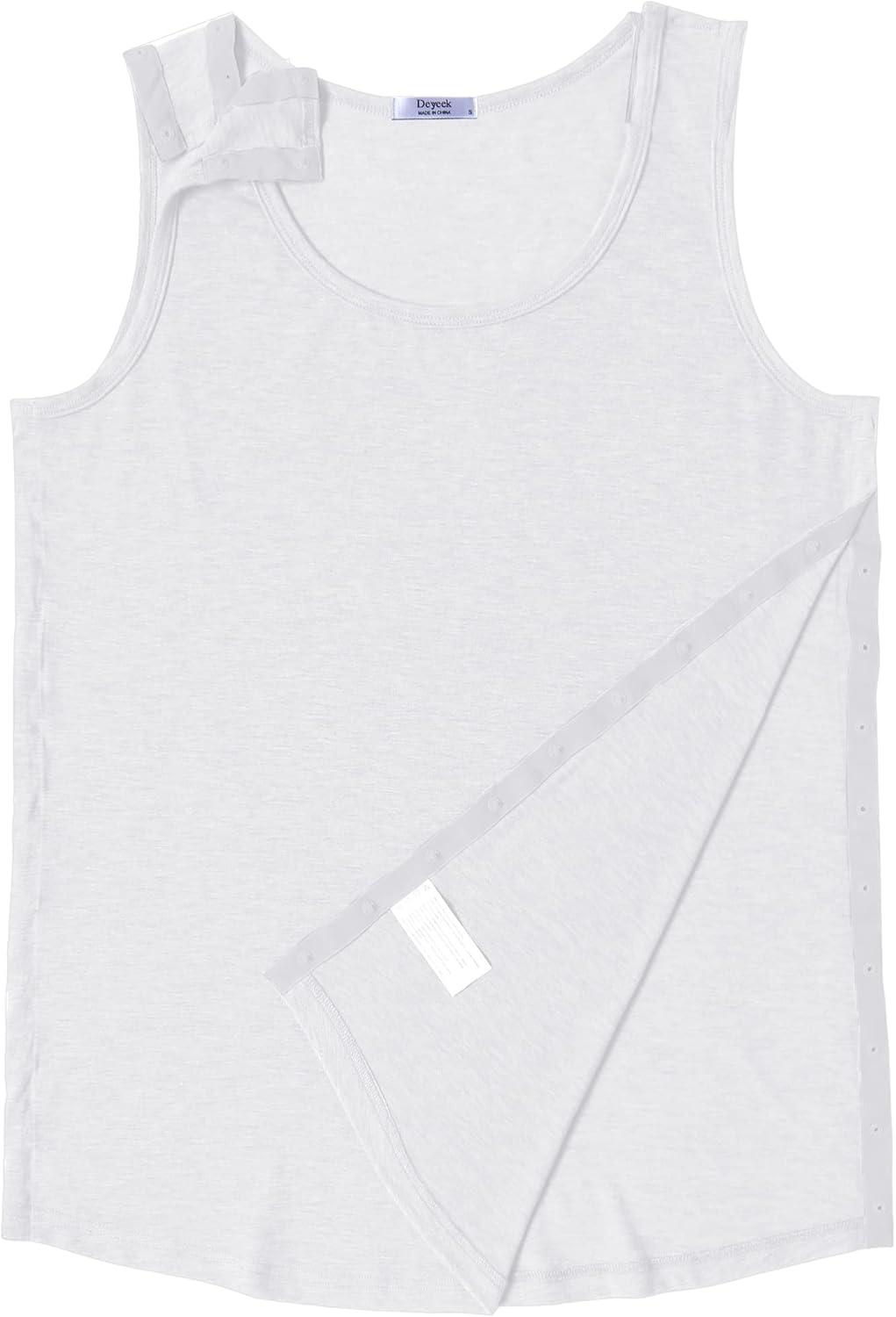 imageDeyeek Unisex Shoulder SnapAccess Tank Tops Post Surgery Shirts Tear Away Chemo Shirt Clothes After Rotator Cuff SurgeryWhite