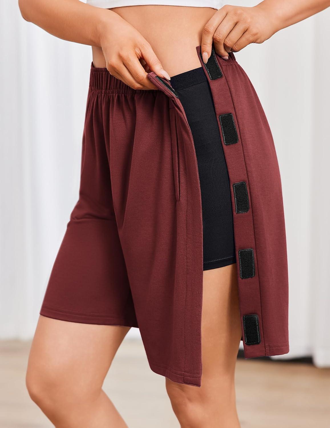imageDeyeek Unisex Tear Away Shorts 9 Snap On Athletic Shorts Cotton Post Knee Hip Surgery Recovery Lounge Short with PocketsBurgundy