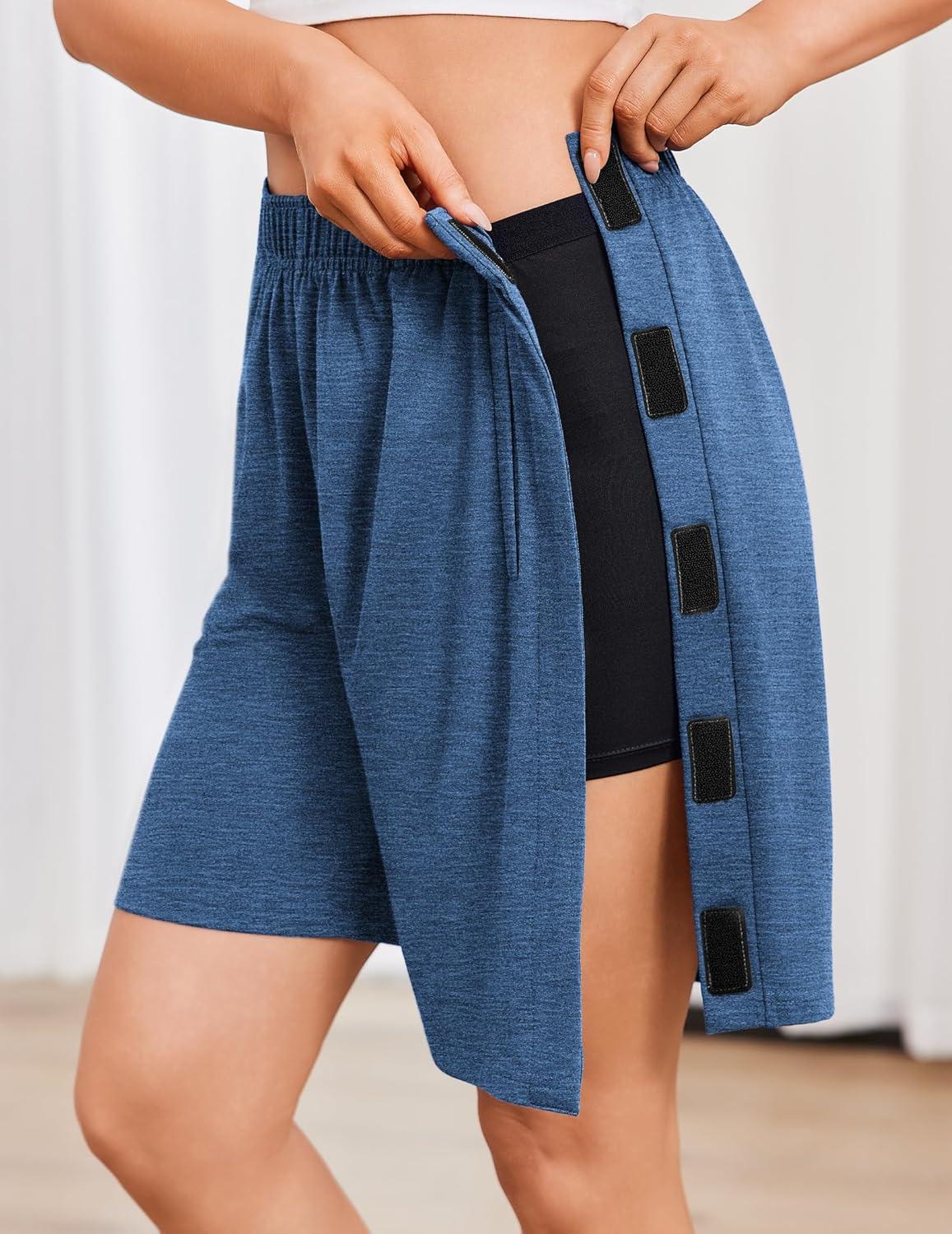 imageDeyeek Unisex Tear Away Shorts 9 Snap On Athletic Shorts Cotton Post Knee Hip Surgery Recovery Lounge Short with PocketsHeather Blue