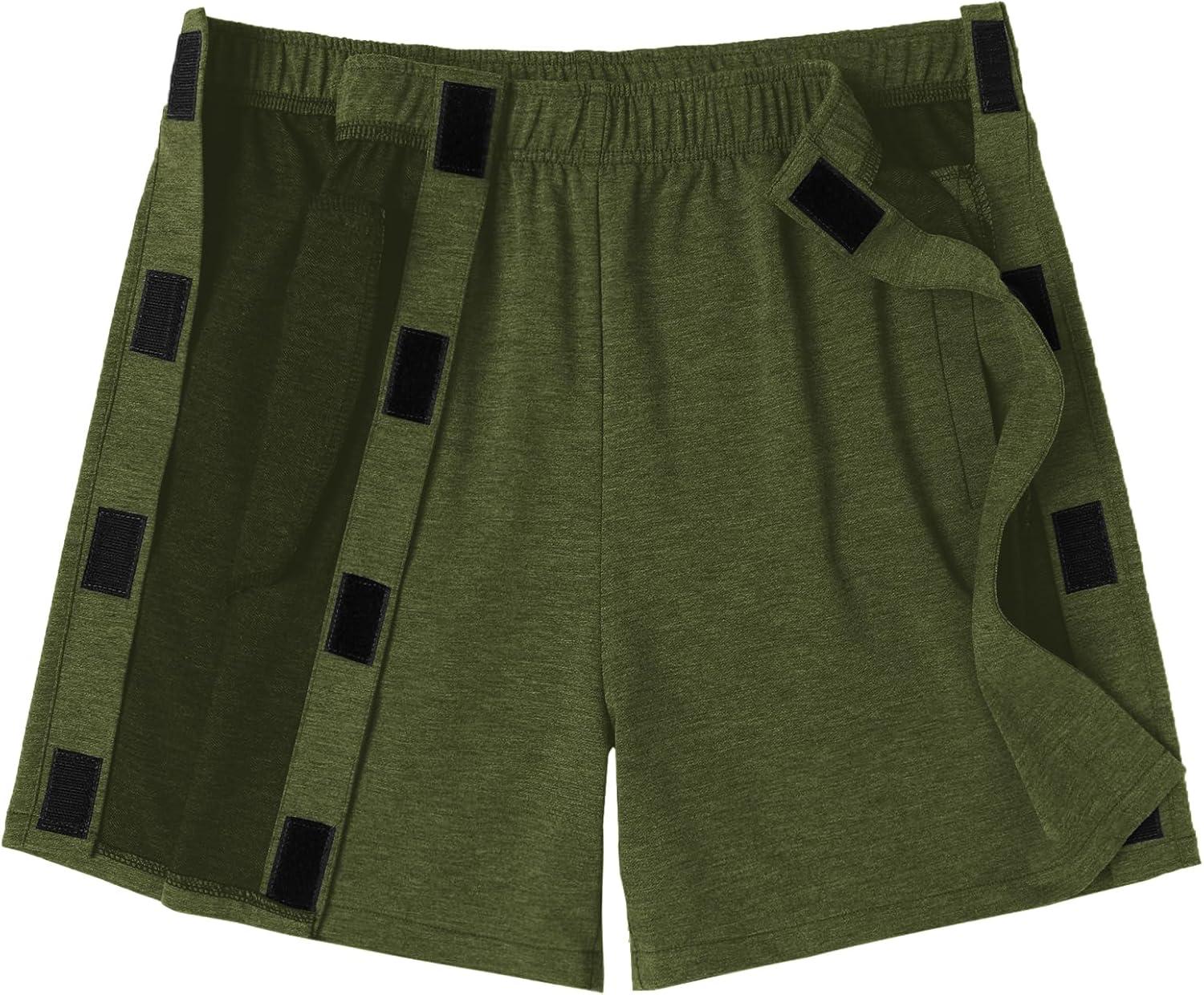 imageDeyeek Unisex Tear Away Shorts Snap On Athletic Cotton Shorts Post Knee Surgery Recovery Hip Replacement Pants with PocketsArmy Green