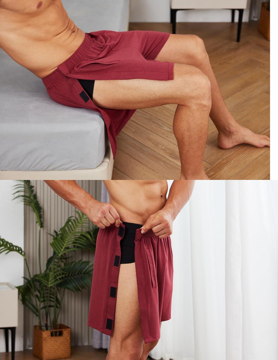 imageDeyeek Unisex Tear Away Shorts Snap On Athletic Cotton Shorts Post Knee Surgery Recovery Hip Replacement Pants with PocketsBurgundy
