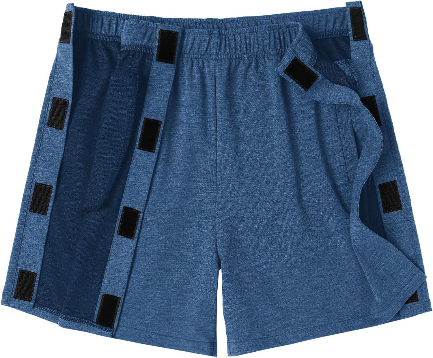 imageDeyeek Unisex Tear Away Shorts Snap On Athletic Cotton Shorts Post Knee Surgery Recovery Hip Replacement Pants with PocketsHeather Blue
