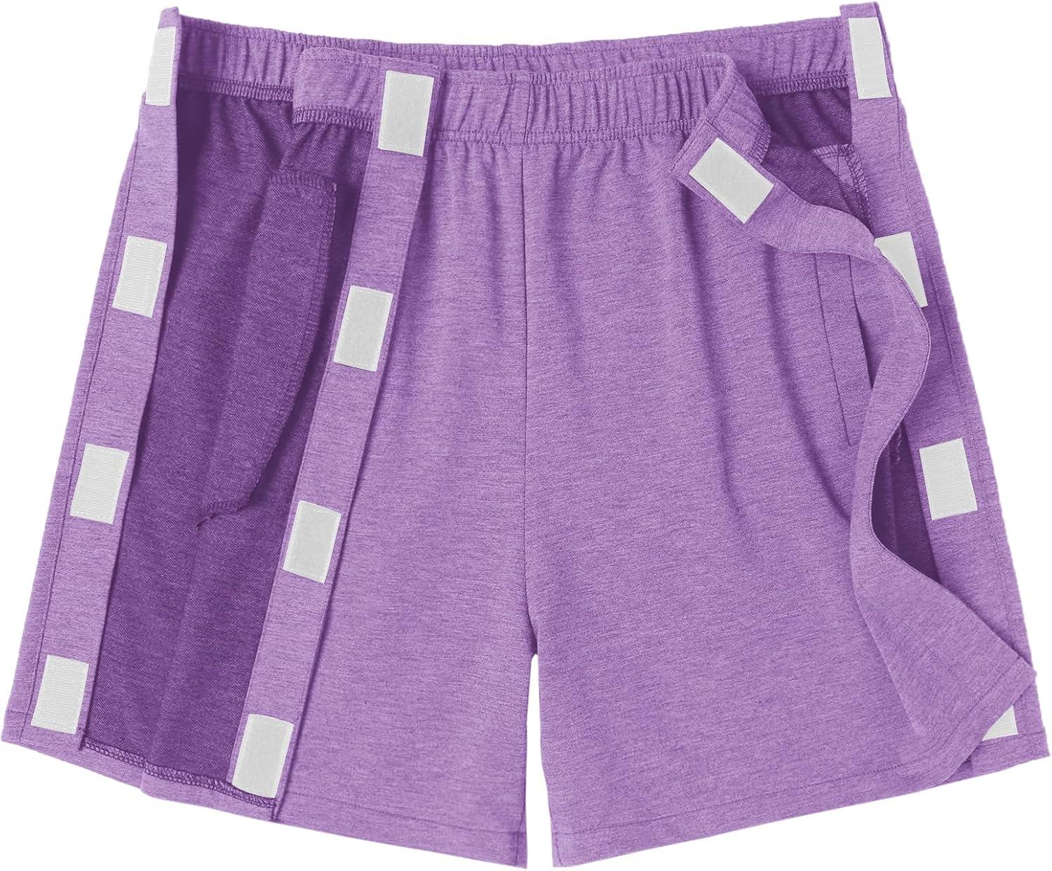 imageDeyeek Unisex Tear Away Shorts Snap On Athletic Cotton Shorts Post Knee Surgery Recovery Hip Replacement Pants with PocketsPurple