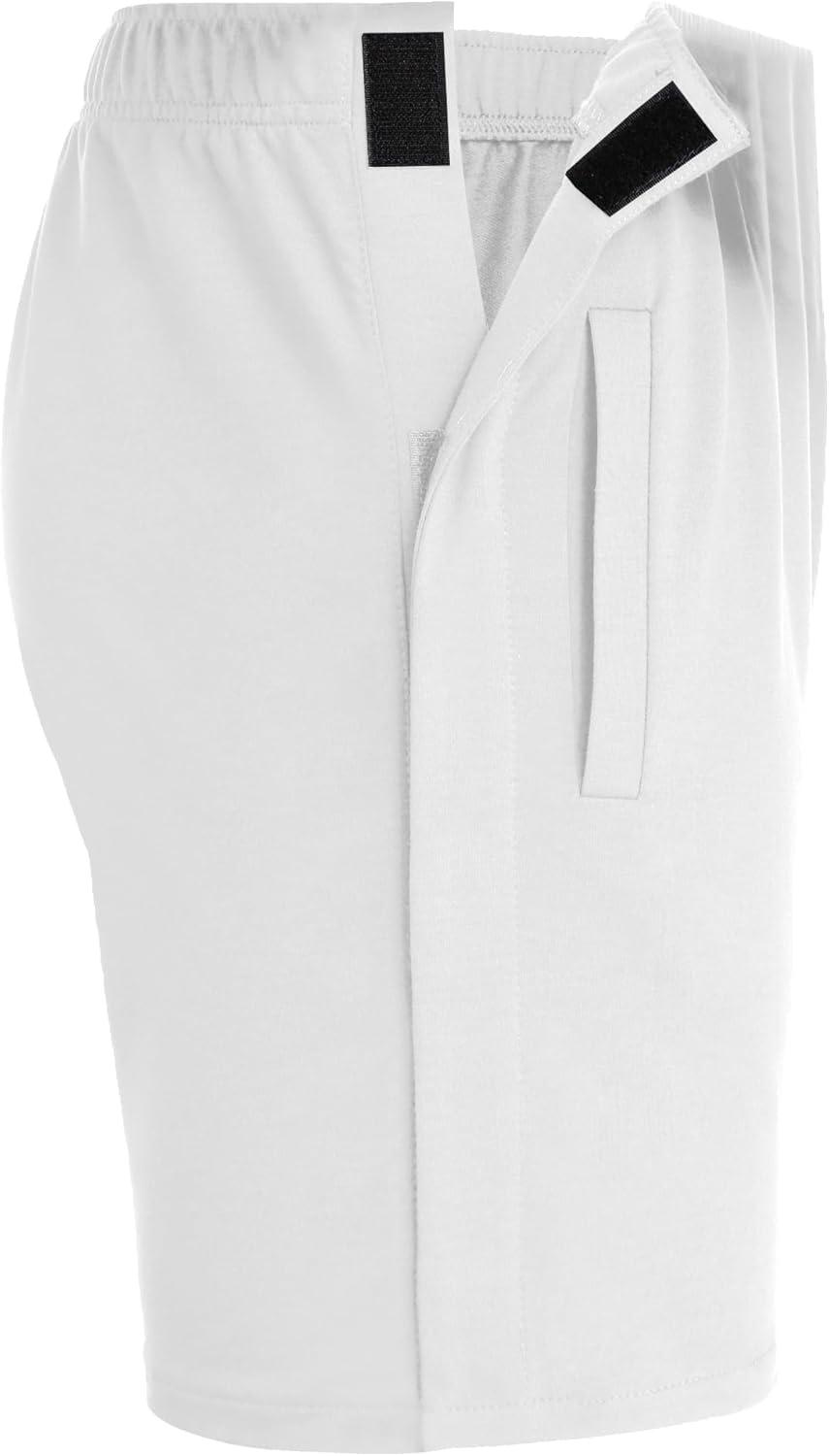 imageDeyeek Unisex Tear Away Shorts Snap On Athletic Cotton Shorts Post Knee Surgery Recovery Hip Replacement Pants with PocketsWhite