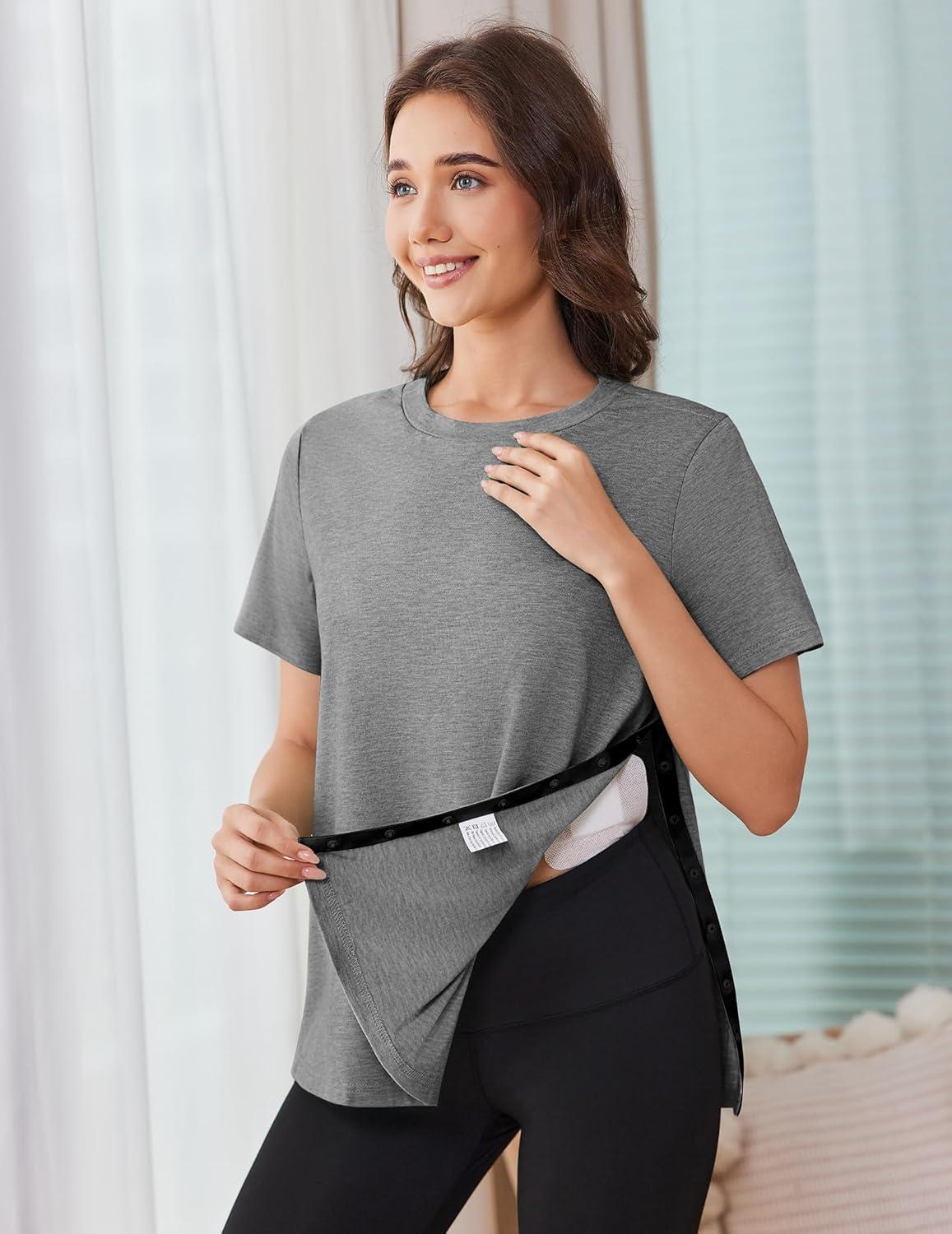 imageDeyeek Women Post Shoulder Surgery Shirts Recovery Tear Away Short Sleeve Dialysis Clothing Full Side SnapOpen Clothes After Rotator Cuff Surgery Light Gray XXL