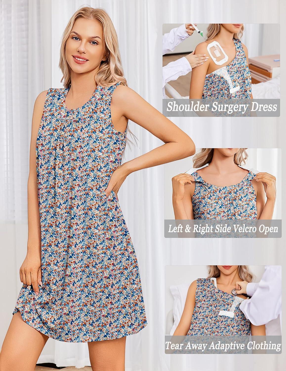 imageDeyeek Womens Post Shoulder Surgery Dress Tear Away Sleeveless Dress Side Full Open Chemo Port Adaptive NightgownApricot Brown Print