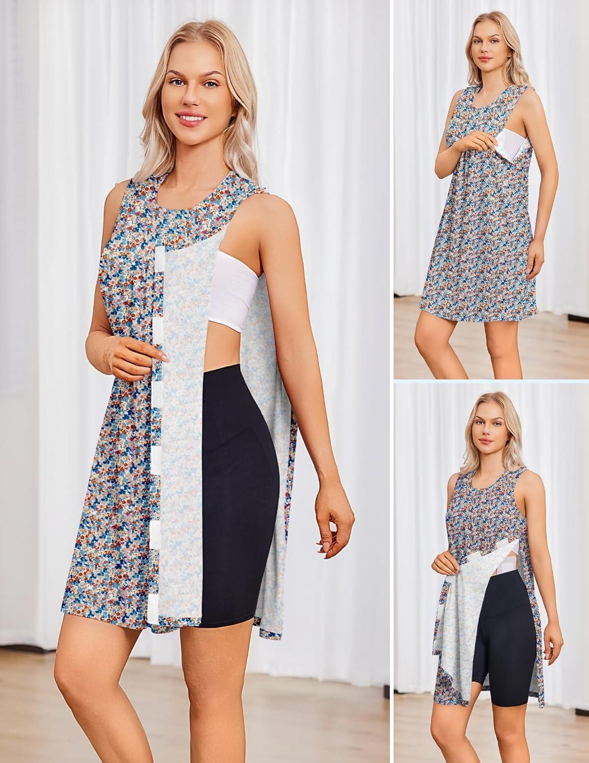 imageDeyeek Womens Post Shoulder Surgery Dress Tear Away Sleeveless Dress Side Full Open Chemo Port Adaptive NightgownApricot Brown Print