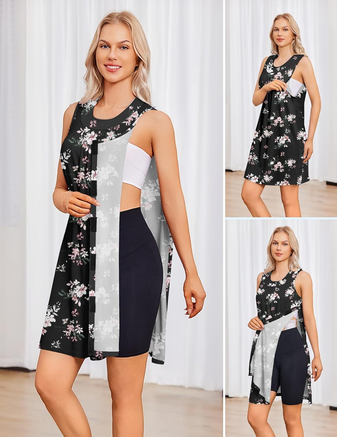 imageDeyeek Womens Post Shoulder Surgery Dress Tear Away Sleeveless Dress Side Full Open Chemo Port Adaptive NightgownBlack Print