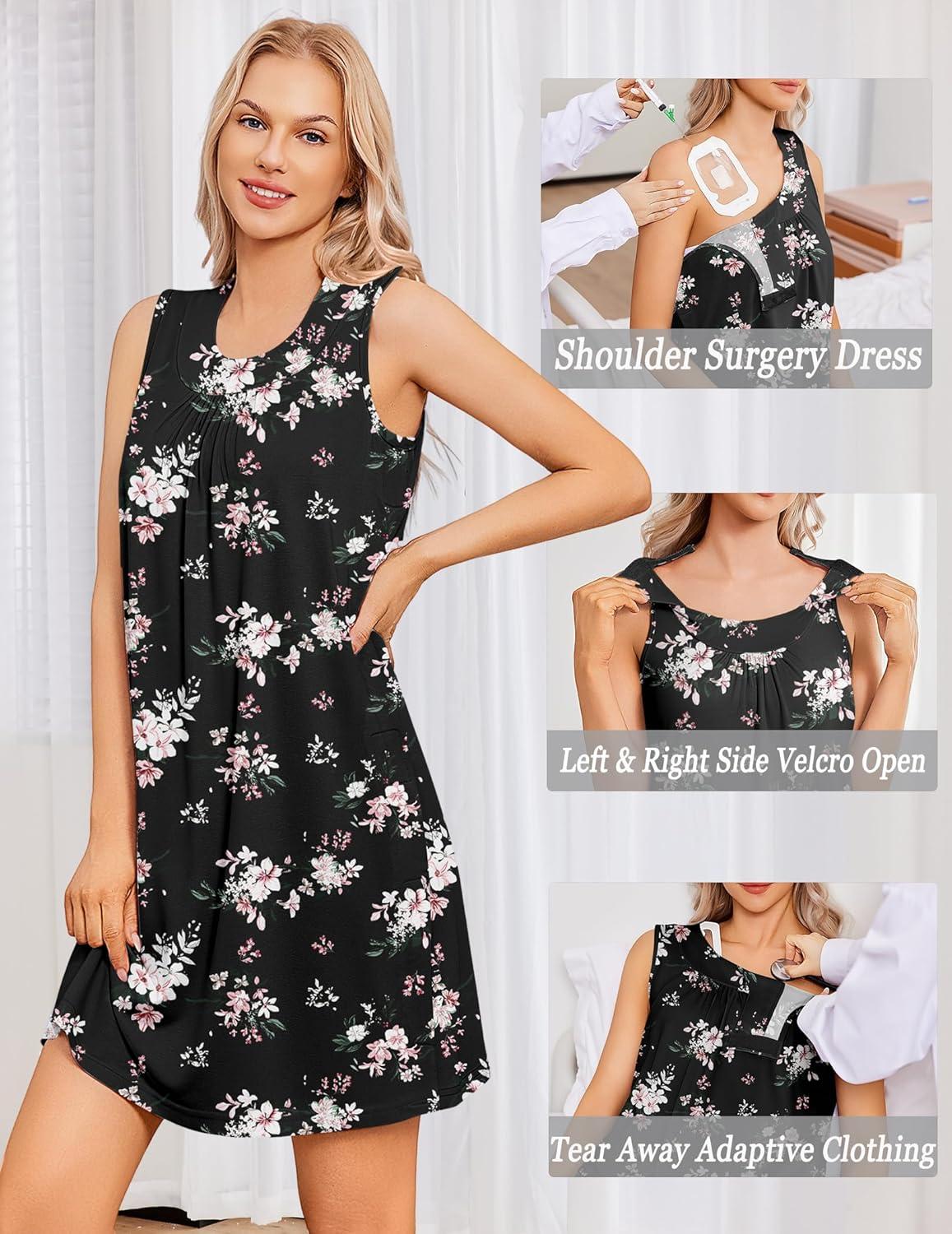 imageDeyeek Womens Post Shoulder Surgery Dress Tear Away Sleeveless Dress Side Full Open Chemo Port Adaptive NightgownBlack Print