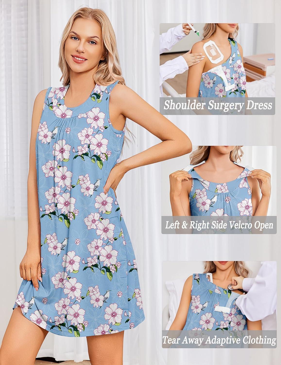 imageDeyeek Womens Post Shoulder Surgery Dress Tear Away Sleeveless Dress Side Full Open Chemo Port Adaptive NightgownLight Blue Print