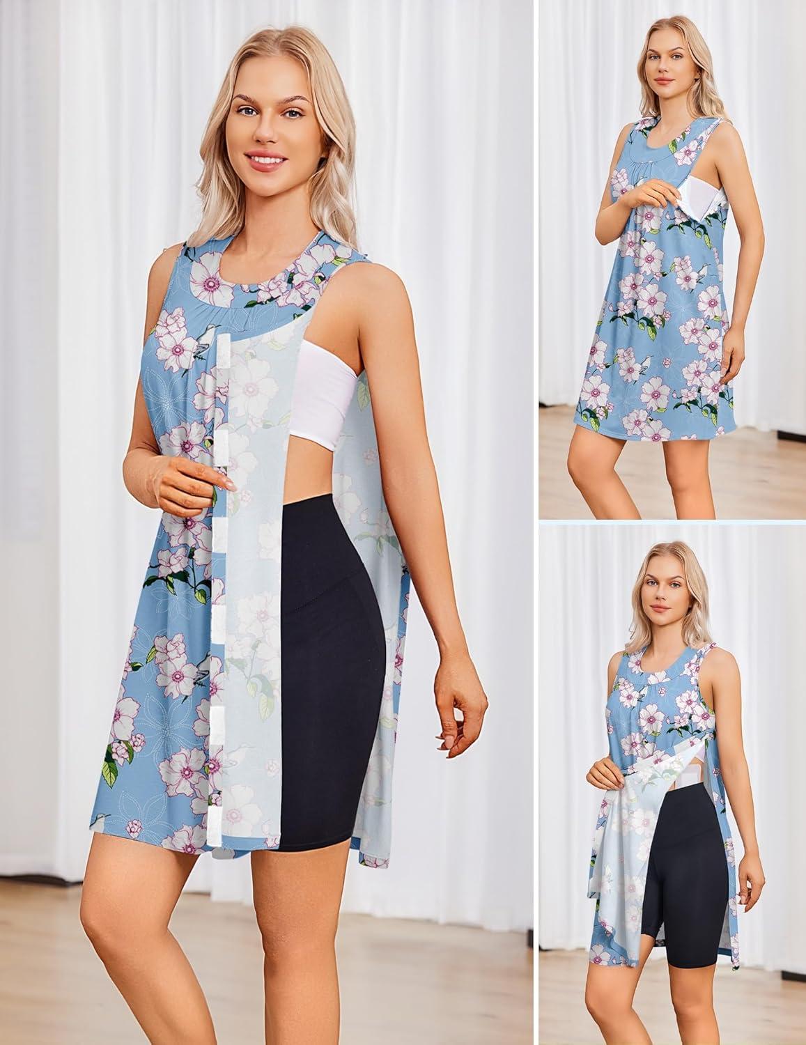 imageDeyeek Womens Post Shoulder Surgery Dress Tear Away Sleeveless Dress Side Full Open Chemo Port Adaptive NightgownLight Blue Print