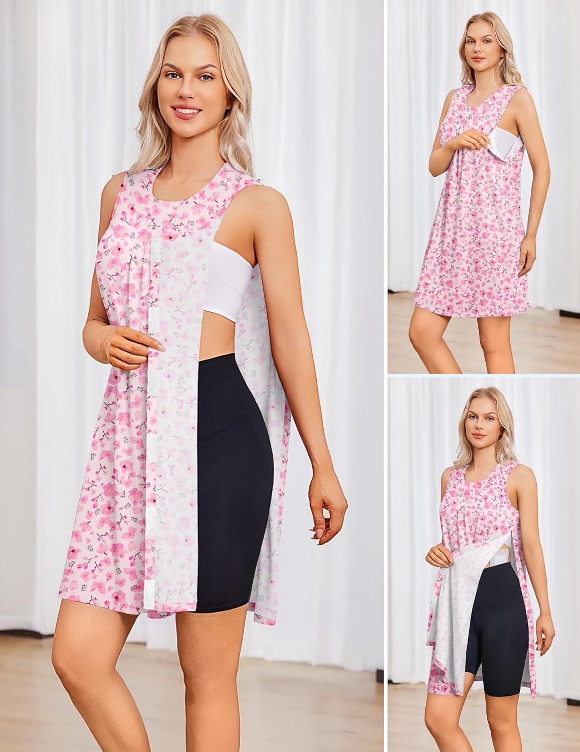 imageDeyeek Womens Post Shoulder Surgery Dress Tear Away Sleeveless Dress Side Full Open Chemo Port Adaptive NightgownPink Print