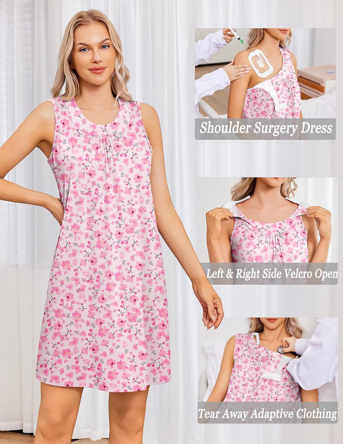 imageDeyeek Womens Post Shoulder Surgery Dress Tear Away Sleeveless Dress Side Full Open Chemo Port Adaptive NightgownPink Print