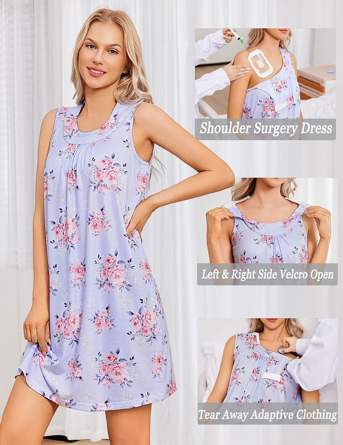 imageDeyeek Womens Post Shoulder Surgery Dress Tear Away Sleeveless Dress Side Full Open Chemo Port Adaptive NightgownPurple Print