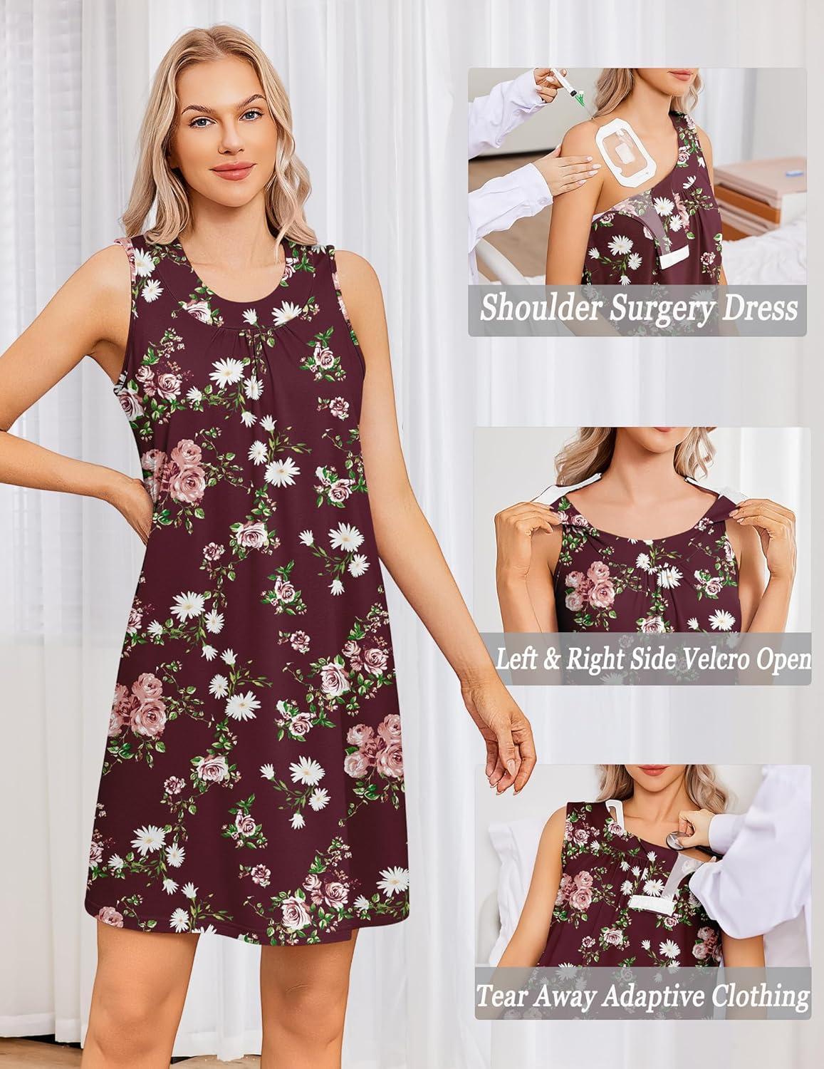 imageDeyeek Womens Post Shoulder Surgery Dress Tear Away Sleeveless Dress Side Full Open Chemo Port Adaptive NightgownRed Print
