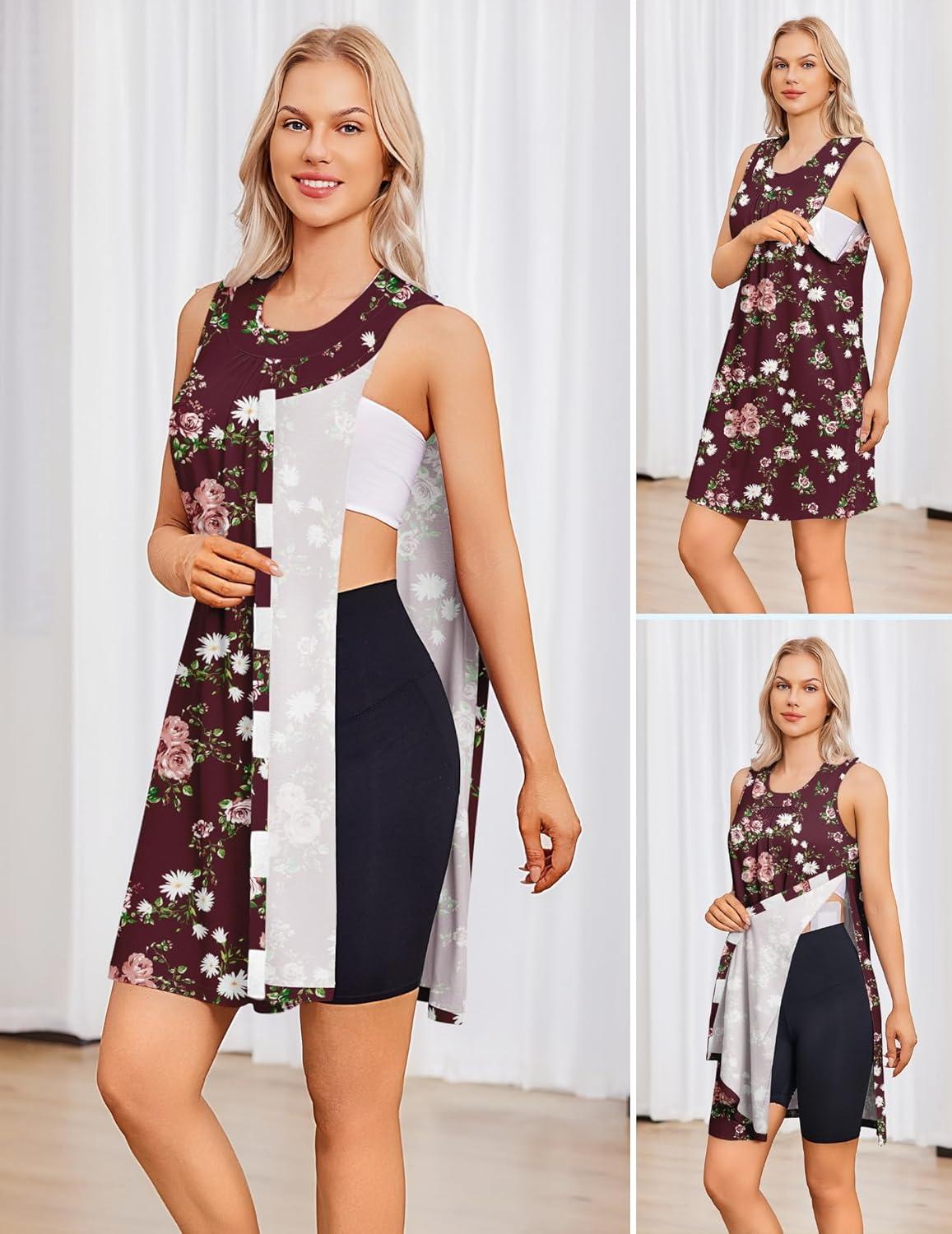 imageDeyeek Womens Post Shoulder Surgery Dress Tear Away Sleeveless Dress Side Full Open Chemo Port Adaptive NightgownRed Print