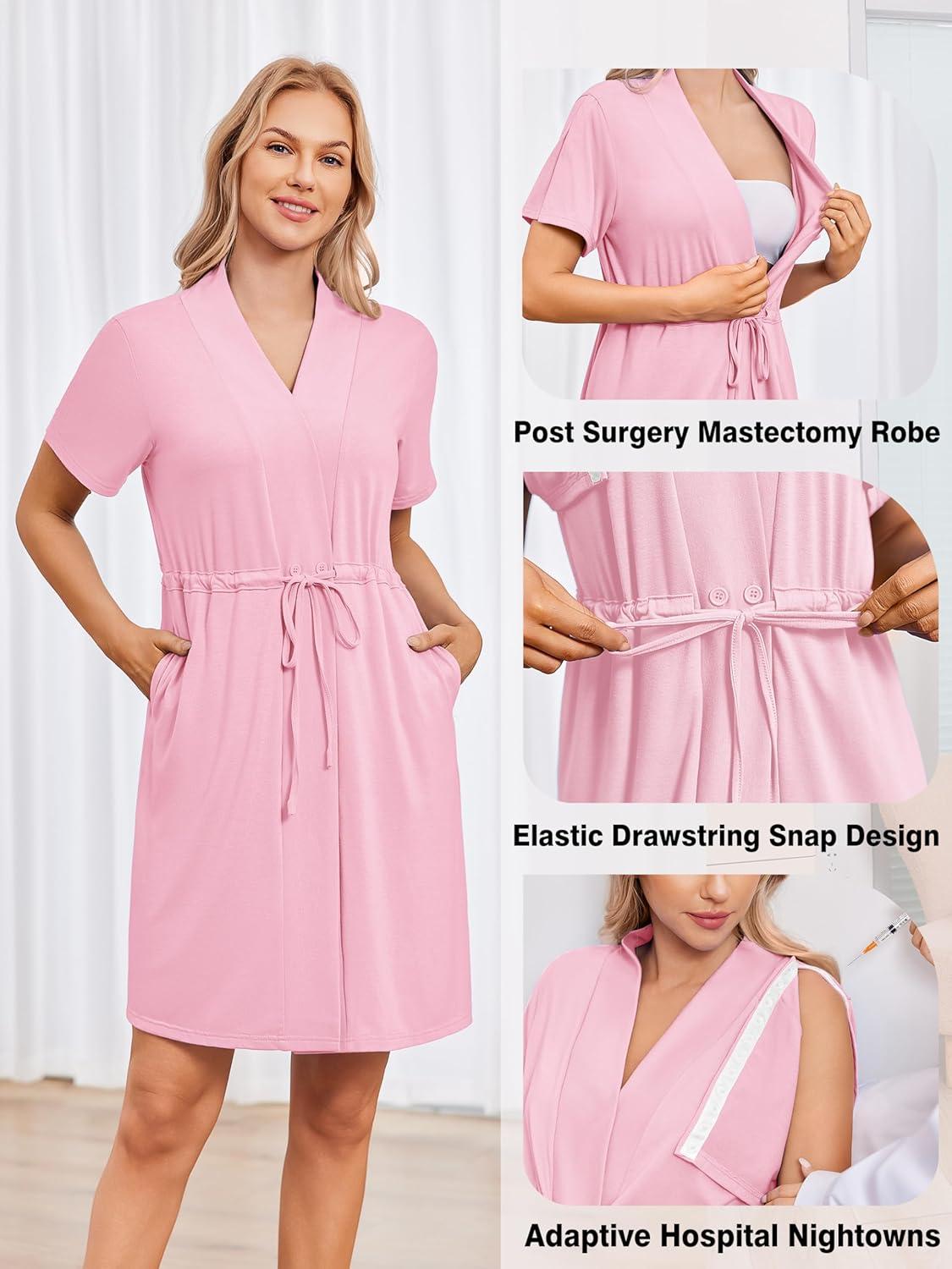 imageDeyeek Womens Post Surgery Mastectomy Robe with 4 Internal Drain Pockets Short Sleeve Adaptive Nightgowns Pajama Dress ShirtPink