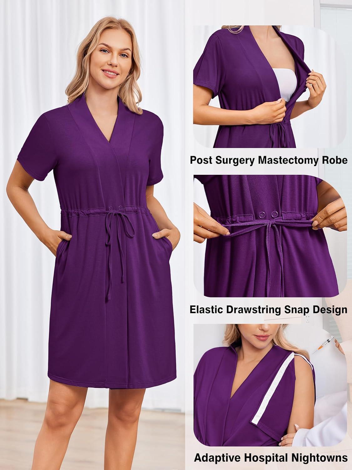imageDeyeek Womens Post Surgery Mastectomy Robe with 4 Internal Drain Pockets Short Sleeve Adaptive Nightgowns Pajama Dress ShirtPurple