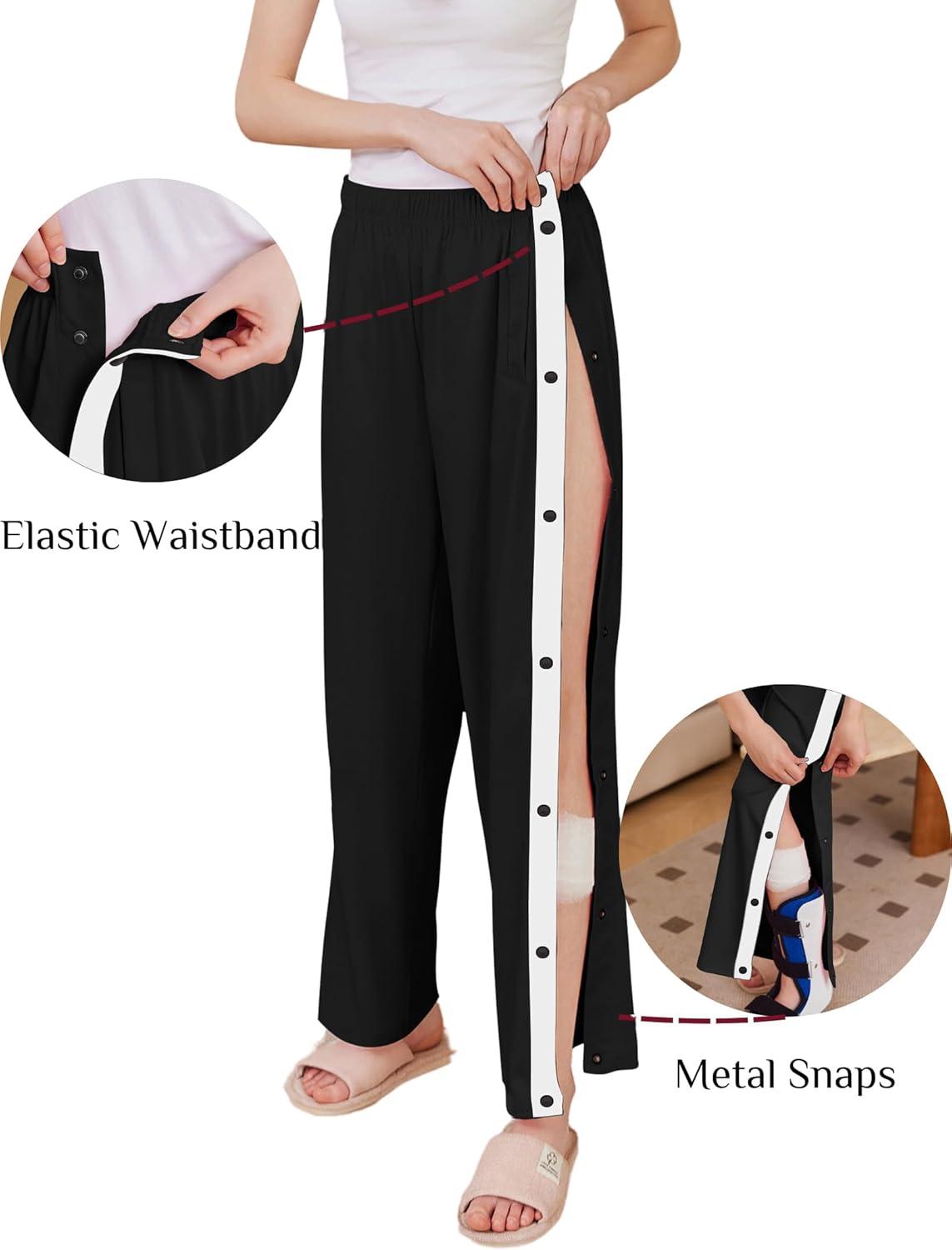 imageDeyeek Womens Tear Away Pants Side Split Snap Open Bottom Sweatpants Leg Breakaway Post Surgery Pants with PocketsBlack