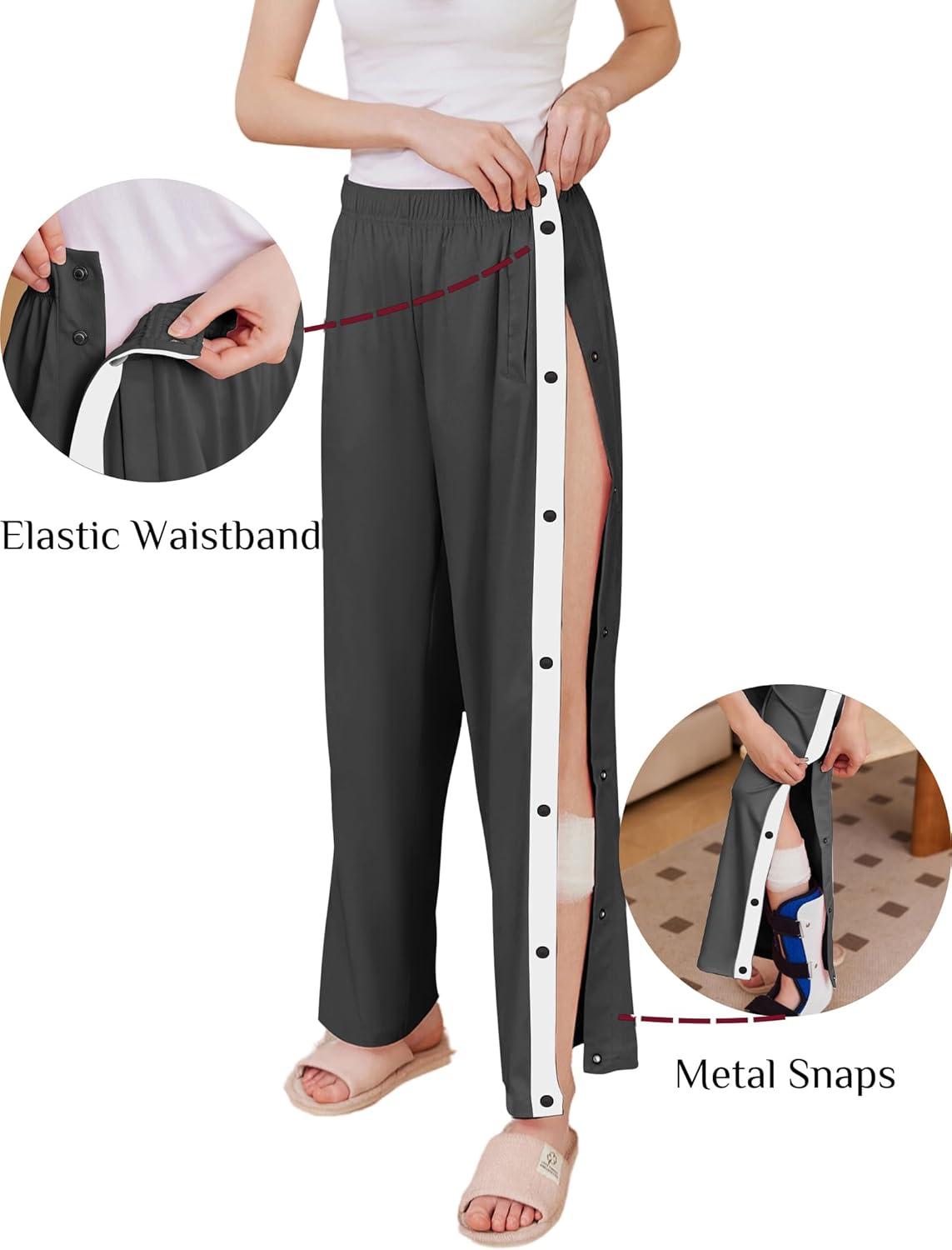 imageDeyeek Womens Tear Away Pants Side Split Snap Open Bottom Sweatpants Leg Breakaway Post Surgery Pants with PocketsDark Grey